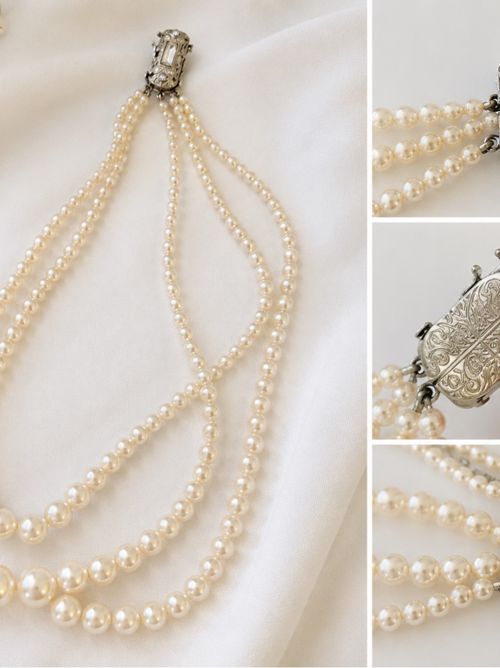 Vintage 1950s Four Strand Faux Pearl Necklace Ornate Jeweled Clasp